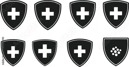 Collection of shield icons representing robust health protection and crucial safety symbols for medical care, first aid, and general well-being