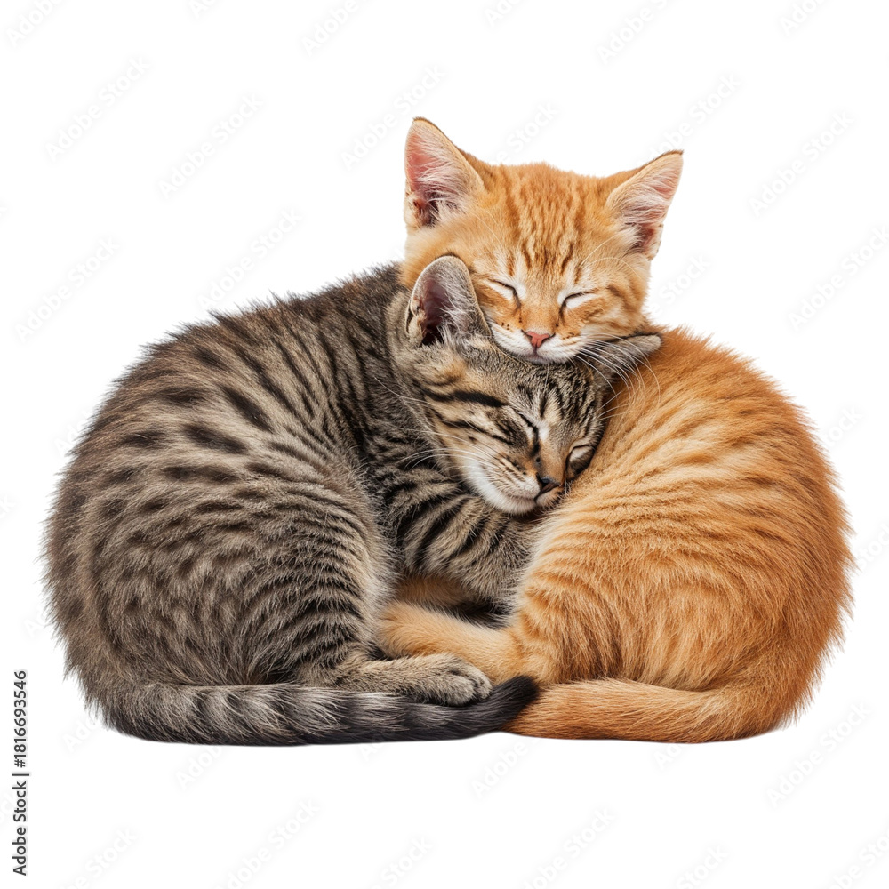 Fototapeta premium Two adorable kittens sleeping together isolated on transparent background