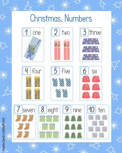 Christmas gifts number flashcards, educational worksheet illustration for nursery, kindergarten, pre-school leisure activity, teachers' resources, printable holiday classroom or home activity template
