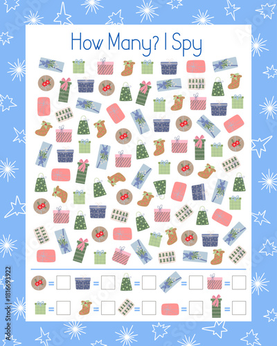 I spy, How many Christmas gifts counting educational game for kids with winter elements, vector illustration educational puzzle, printable worksheet for kids, leisure or study game, teachers resources