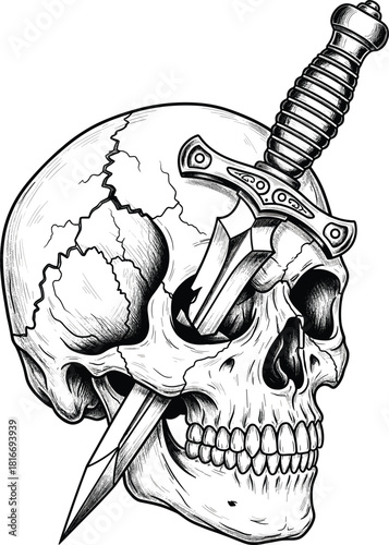 Detailed Vintage Engraving Style Human Skull with Dagger Vector Illustration