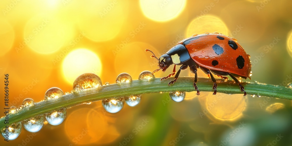Naklejka premium Close-Up of a Vibrant Ladybug on Raindrop-Covered Grass in the Morning Sunlight with Dew Drops