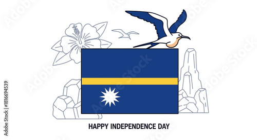 Happy Independence Day Nauru Flag and Seagull illustration with Flowers and Rocks