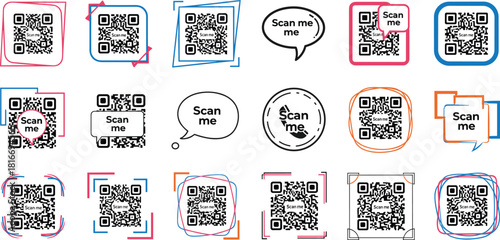 Set of Colorful QR Code Scanning and Abstract Frame Shapes Vector Illustration