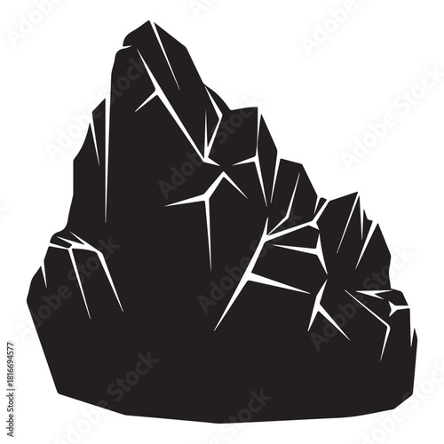 Black silhouette of a jagged rock formation with sharp edges and cracks stone mountain