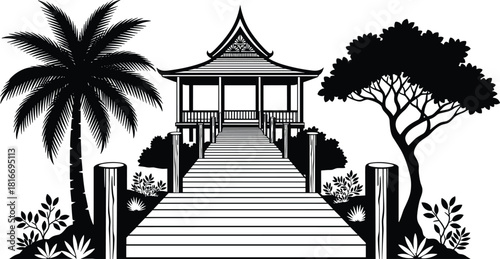Black and white vector silhouette of a tropical resort bungalow, wooden pathway, palm tree, and exotic plants, isolated on a white background.