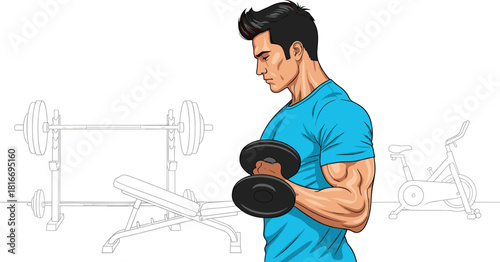 Strong Man Lifting Dumbbell and Biceps Workout Vector Illustration