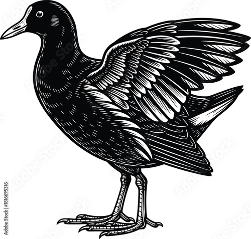 Black coot bird standing with wings fluttering, woodcut engraving style vector illustration, isolated on white background for wildlife nature design logo.