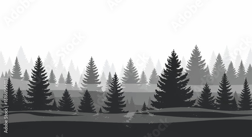 Minimalist 2D flat illustration of a foggy evergreen conifer forest silhouette, emphasizing the serene natural landscape isolated on a clean white background.