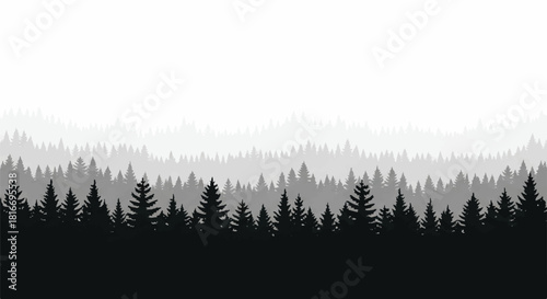 Minimalist 2D flat illustration of a layered evergreen forest silhouette partially obscured by drifting atmospheric fog, isolated on a pure white background.
