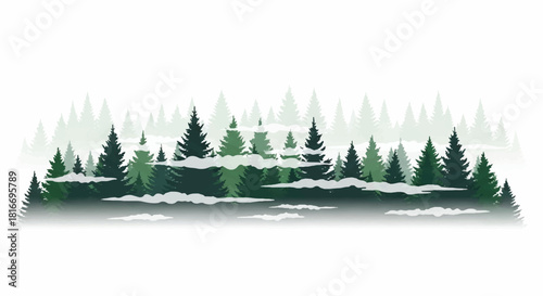 Minimalist 2D flat vector illustration showing multiple layers of dark evergreen forest silhouettes receding into a dense, atmospheric fog, isolated cleanly on a solid white background.