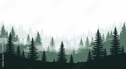 This 2D flat nature landscape showcases misty pine and spruce tree silhouettes layered against a clean white background, creating a quiet, atmospheric woodland scene.