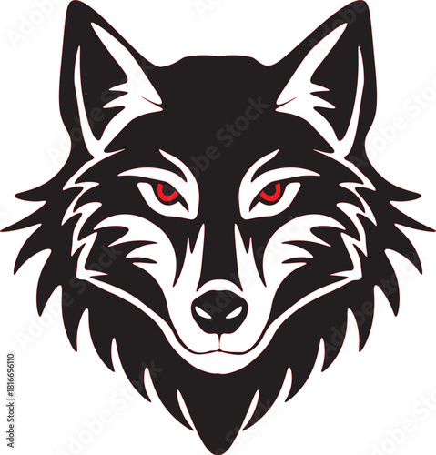 Black and white wolf head logo with striking red eyes, isolated