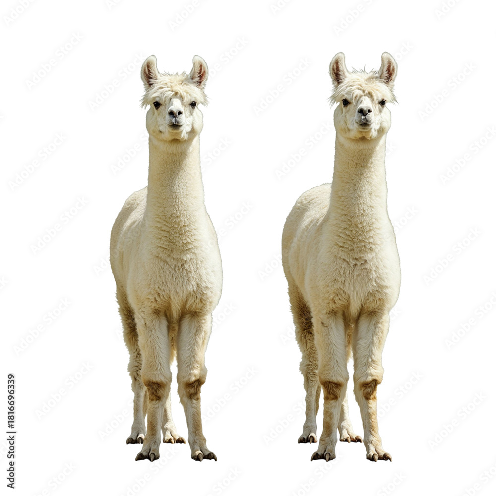 Fototapeta premium Two white alpacas standing together isolated on transparent background