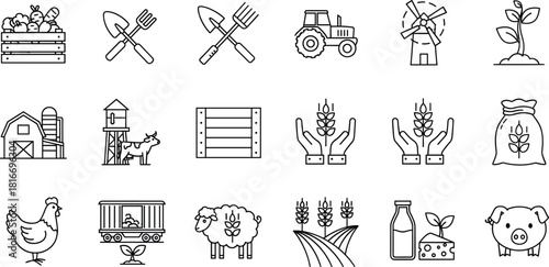Mega Set of Hand Drawn Farming, Agriculture, and Harvest Outline Icons Vector Illustration