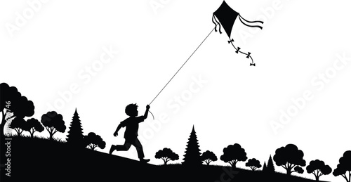 Black silhouette illustration of little boy running up grassy hill flying kite, happy child playing outdoors in nature park, summer vacation activity vector.