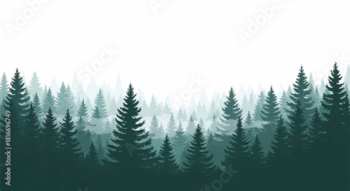 Flat 2D vector illustration of a layered forest landscape scene showing dense, foggy silhouettes of pine and spruce evergreen conifer trees isolated on a white background.