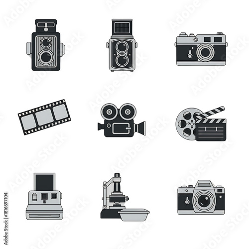 A collection of vintage and modern photography and filmmaking equipment icons, including cameras, film, and darkroom tools