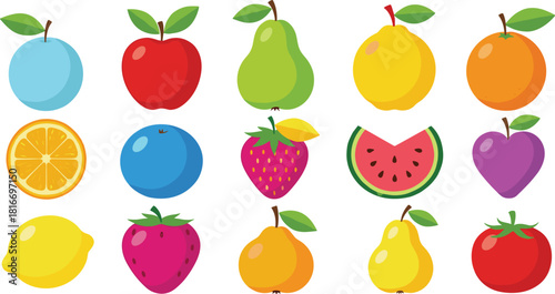 Mega Set of Colorful Flat Design Fruits and Berries Icons Vector Illustration