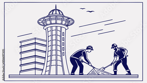 Architect team meeting showing tall tower concept while field workers prepare concrete foundation on site