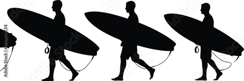 Black silhouette vector illustration of surfers walking with surfboards, isolated men carrying longboards to the beach for summer water sport activity, side view.