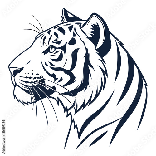 Illustration of a tiger head in black and white profile view