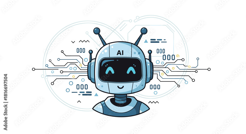 Obraz premium Cheerful cartoon robot with a friendly face and digital circuits, a symbol of artificial intelligence and technological advancement.