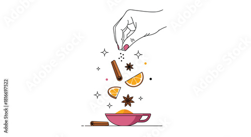 Illustration of a hand sprinkling spices, orange slices, and star anise into a cup, suggestive of flavoring a beverage or preparing a recipe.