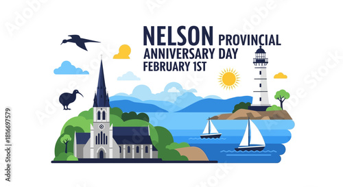Colorful vector illustration commemorating Nelson Provincial Anniversary Day, showcasing a serene coastal landscape with historical landmarks and local wildlife