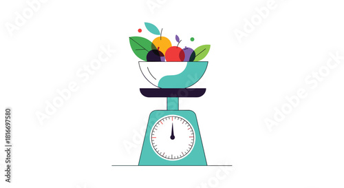 Fruits in a bowl sitting on a weighing scale is an artistic representation of a healthy lifestyle and a balanced diet.