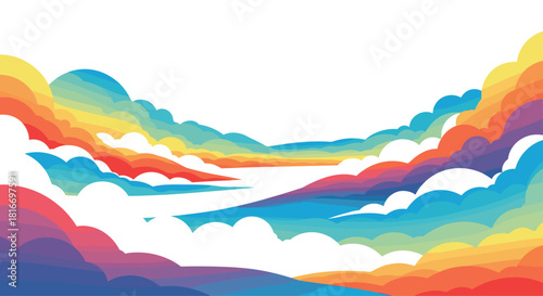 Colorful Abstract Landscape with Hills, Clouds, and a Rainbow Sky Creates a Vibrant and Dreamlike Scene, Ideal for Backgrounds and Wall Art.