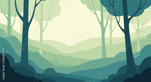A serene forest scene with layers of green hills and stylized trees under a light beige sky creates a peaceful, nature-inspired backdrop.