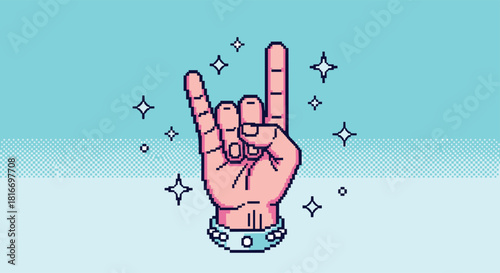 Pixel art illustration of a hand wearing a studded wristband making the rock and roll sign, surrounded by sparkly stars on a bright background.