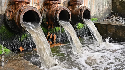 Rusty pipes discharge wastewater into a murky pool, moss and debris clinging to the structure