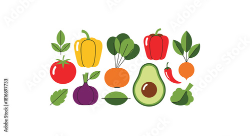 Fresh vegetables arranged in a flat lay style, including tomato, pepper, onion, avocado, chili, and turnip, perfect for promoting healthy eating.