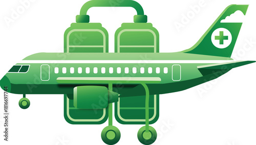 Vector illustration green airplane with fuel tanks, symbolizing sustainable aviation fuel