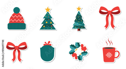 Festive Christmas icons including a hat, Christmas tree, ribbon bow, gift tag, holly, and coffee mug, providing a cheerful holiday image.