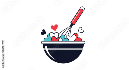 Mixing hearts in a bowl with a whisk illustration for a Valentine's Day card, love and baking themes, or a sweet cooking concept.