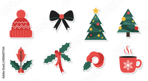 Festive Christmas icons set features a warm hat, decorative bow, evergreen trees, winter foliage, a wreath, and a steaming cup, all with a clean sticker style.