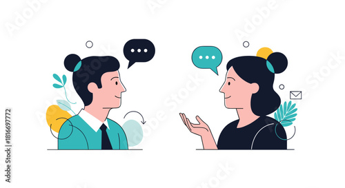 Two people are communicating, exchanging ideas, and providing feedback during a business conversation on a white background.