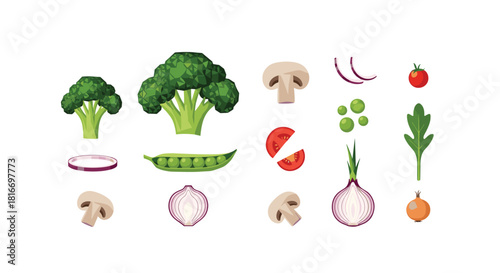 Colorful assortment of fresh vegetables including broccoli, onions, peas, mushrooms, and a tomato, perfect for a healthy meal.