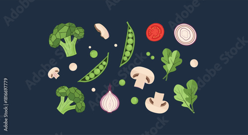 Fresh vegetarian assortment of vegetables and mushrooms against a dark background for healthy eating and dietary considerations.