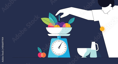 An illustration depicting a person adding fruit to a bowl on a scale, representing healthy eating, balanced diet, and weight management.