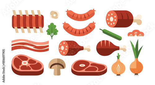 Variety of meats and vegetables, including steak, sausage, ribs, bacon, onions, pepper, and mushrooms for a delicious barbecue.