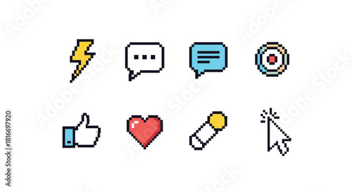 Pixel art icons representing various social media features and actions, designed in a simple and retro style for website design or app development.