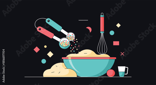 Baking illustration with a bowl of batter, sprinkles, whisk, measuring spoons, and a mug, set against a dark background with geometric shapes.
