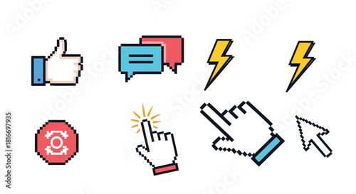 A collection of pixelated vector illustrations representing common social media icons, cursors, and symbols for digital communication.