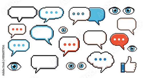 Pixel art illustration depicting social media concept, including speech bubbles, eyes, and thumbs up symbol, creating a retro gaming aesthetic.