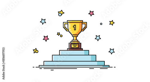 A digital art illustration features a golden trophy with the number one on a light blue, stepped pedestal surrounded by colorful stars.
