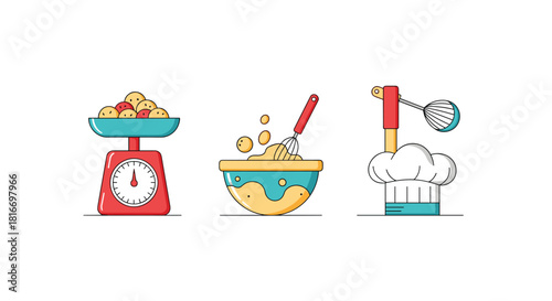 Baking illustration with kitchen scale, mixing bowl with batter and whisk, and a chef's hat with a mixer on a white background.